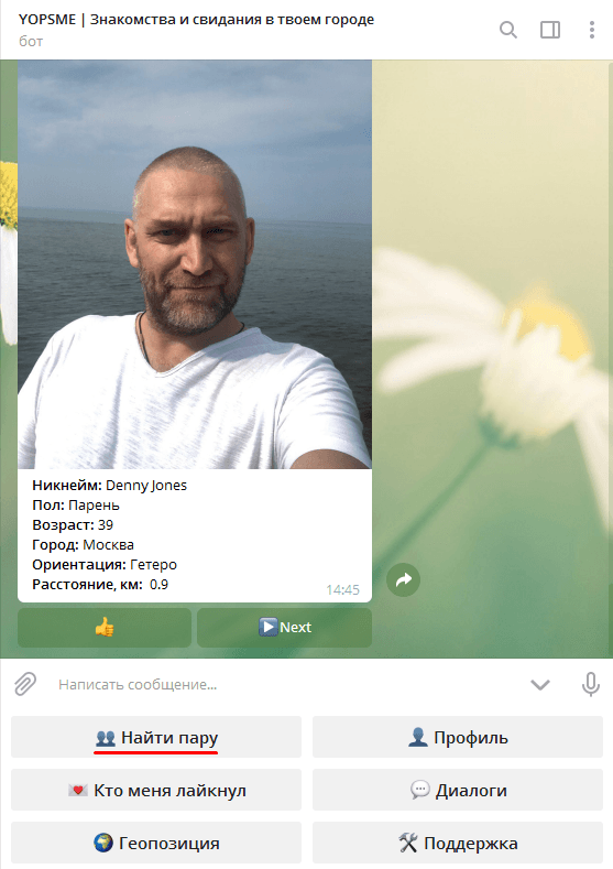 поиск пары в боте yopsme - скрин